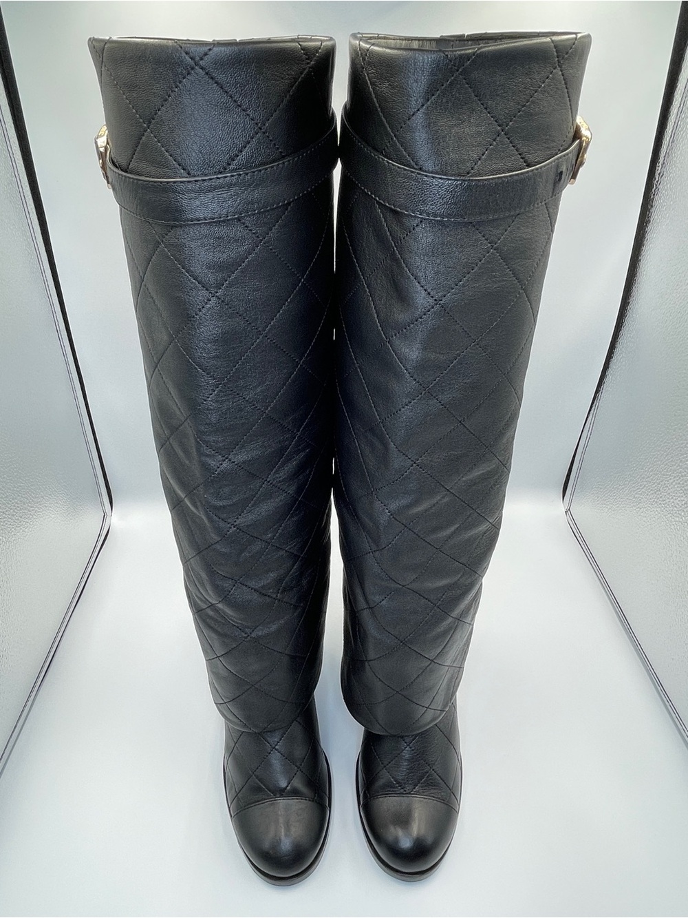 Rare Runway Chanel Black Quilted Knee-High Women's Leather Boots